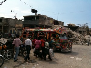 Bright bus and rubble